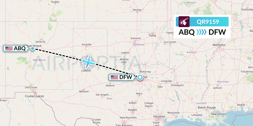 QR9159 Qatar Airways Flight Map: Albuquerque to Dallas