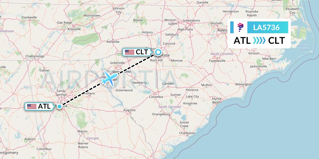 LA5736 LAN Airlines Flight Map: Atlanta to Charlotte