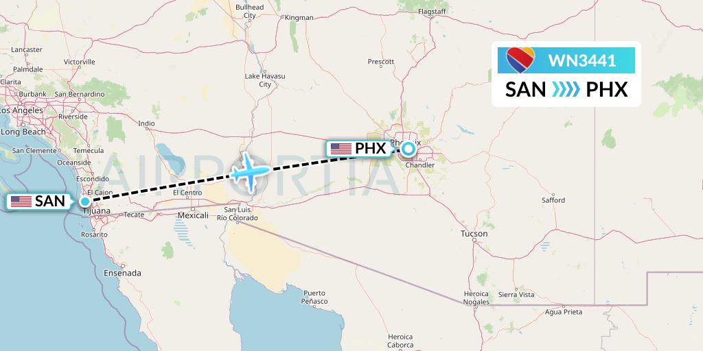 WN3441 Southwest Airlines Flight Map: San Diego to Phoenix