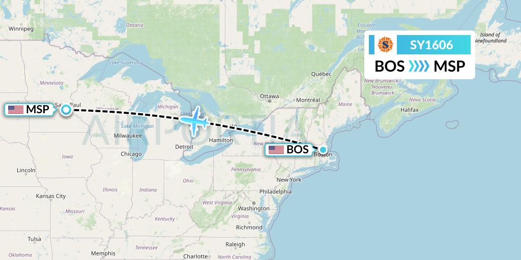 SY1606 Sun Country Airlines Flight Map: Boston to Minneapolis