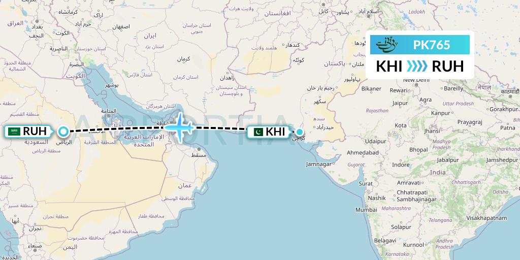 PK765 Pakistan International Airlines Flight Map: Karachi to Riyadh