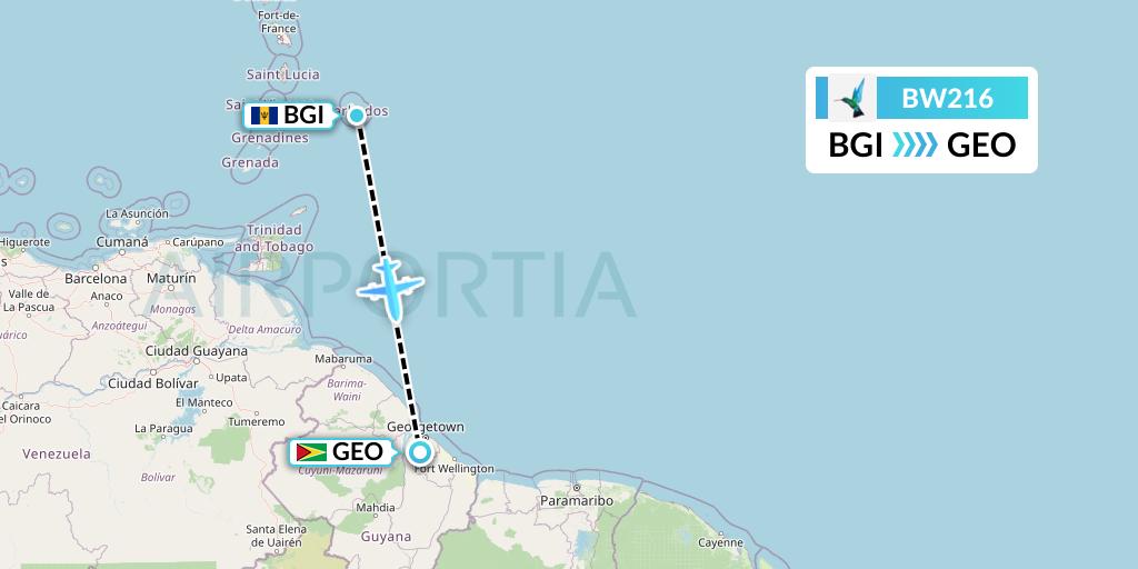 BW216 Caribbean Airlines Flight Map: Bridgetown to Georgetown