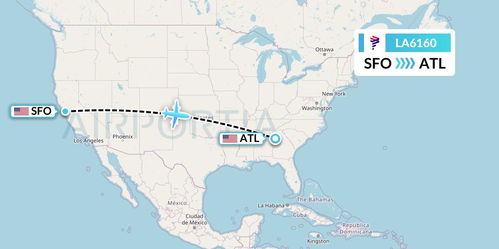 LA6160 LAN Airlines Flight Map: San Francisco to Atlanta