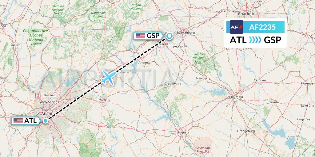 AF2235 Air France Flight Map: Atlanta to Greenville-Spartanburg