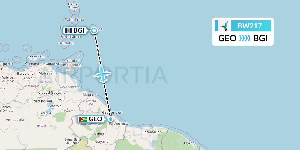 BW217 Caribbean Airlines Flight Map: Georgetown to Bridgetown