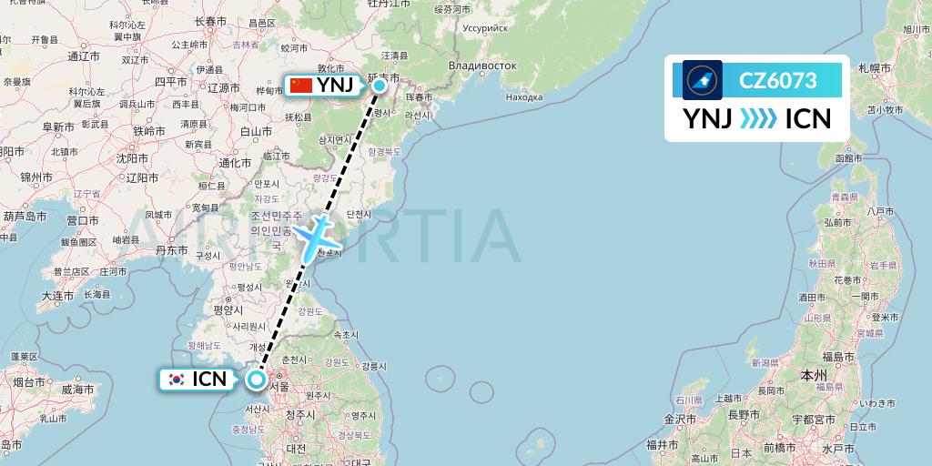 CZ6073 China Southern Airlines Flight Map: Yanji to Seoul
