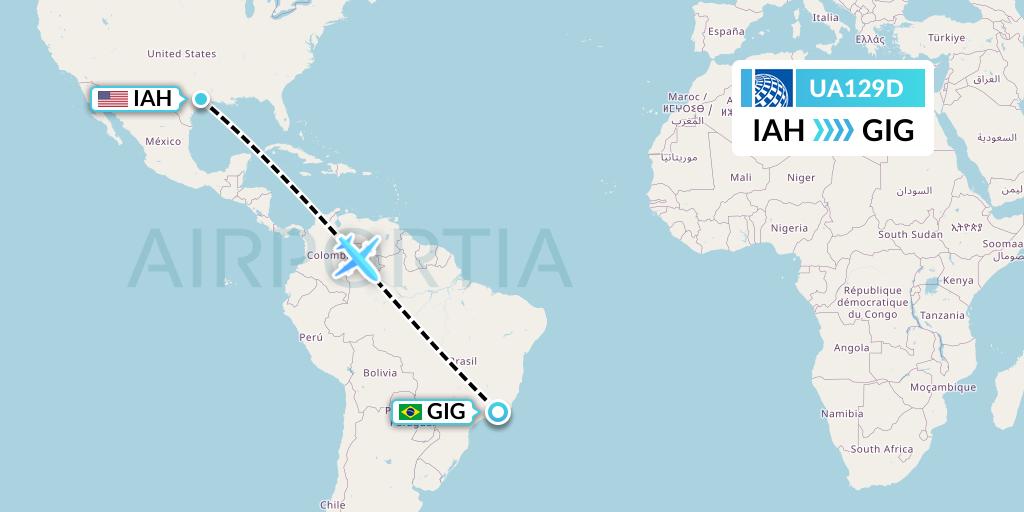 UA129D United Airlines Flight Map: Houston to Rio de Janeiro