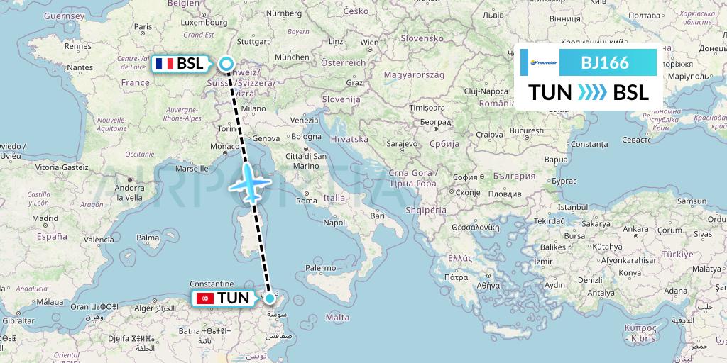 BJ166 Nouvelair Tunisie Flight Map: Tunis to Basel