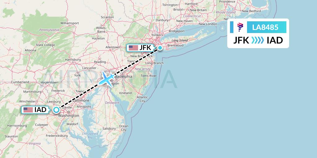 LA8485 LAN Airlines Flight Map: New York to Washington