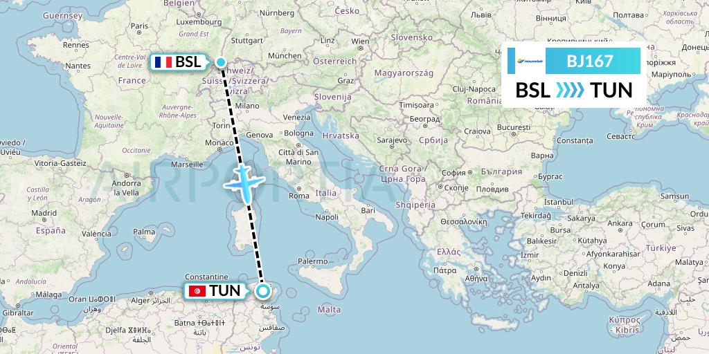 BJ167 Nouvelair Tunisie Flight Map: Basel to Tunis