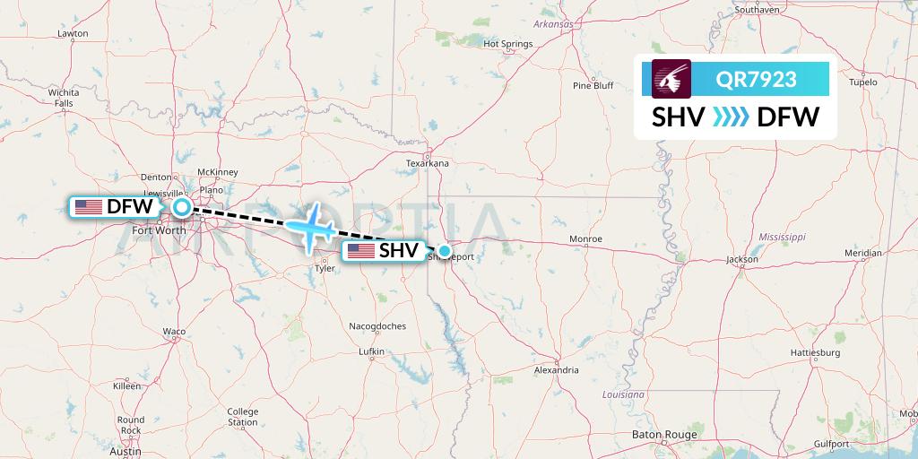 QR7923 Qatar Airways Flight Map: Shreveport to Dallas