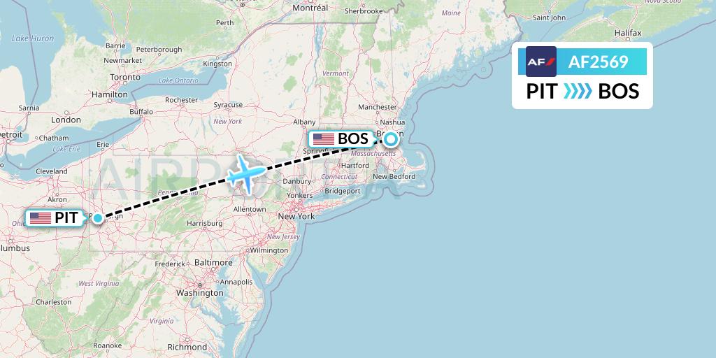 AF2569 Air France Flight Map: Pittsburgh to Boston