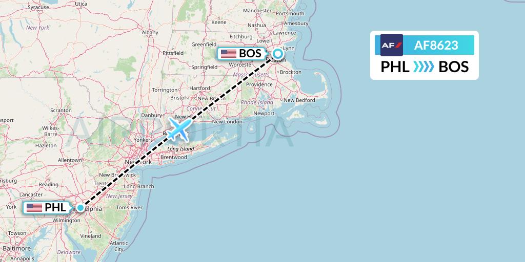 AF8623 Air France Flight Map: Philadelphia to Boston