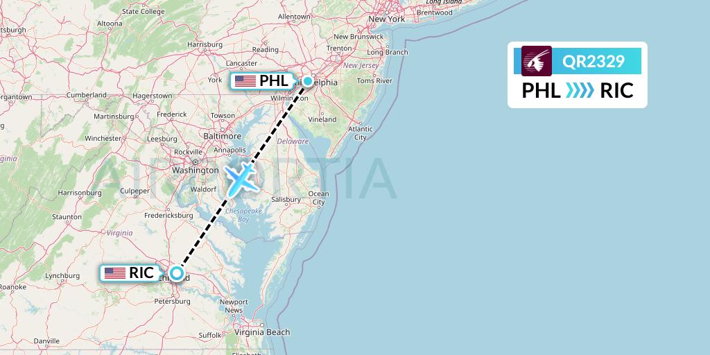 QR2329 Qatar Airways Flight Map: Philadelphia to Richmond