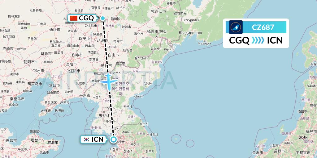 CZ687 China Southern Airlines Flight Map: Changchun to Seoul
