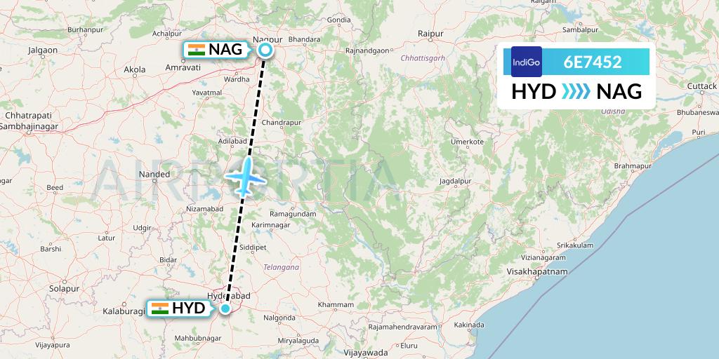 6E7452 IndiGo Airlines Flight Map: Hyderabad to Nagpur