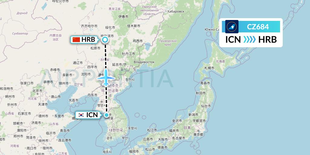 CZ684 China Southern Airlines Flight Map: Seoul to Harbin