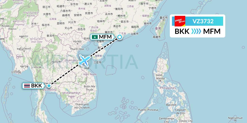 VZ3732 Thai Vietjet Air Flight Map: Bangkok to Macau