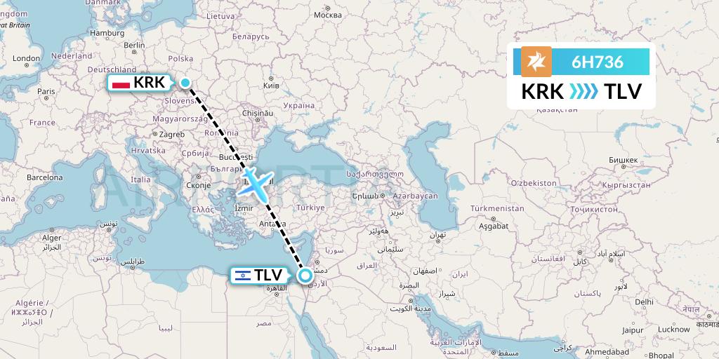 6H736 Israir Airlines Flight Map: Krakow to Tel Aviv