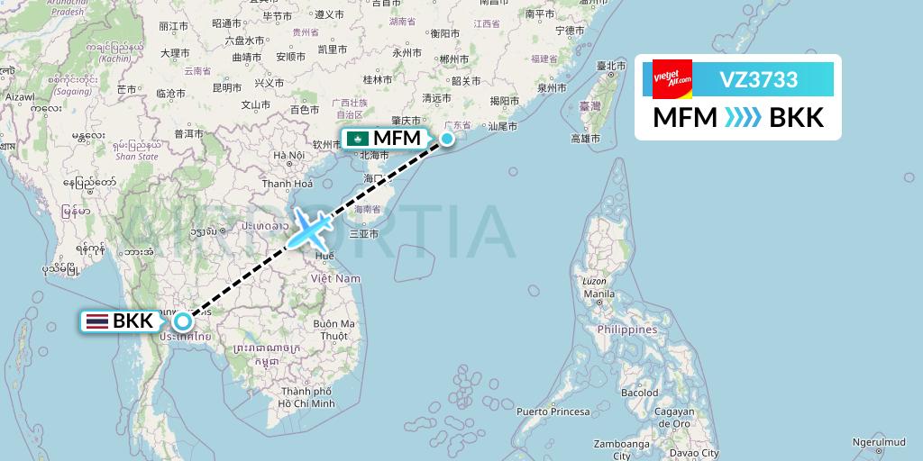 VZ3733 Thai Vietjet Air Flight Map: Macau to Bangkok