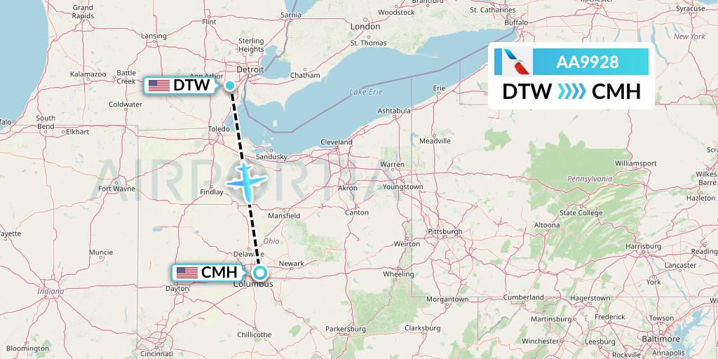 AA9928 American Airlines Flight Map: Detroit to Columbus