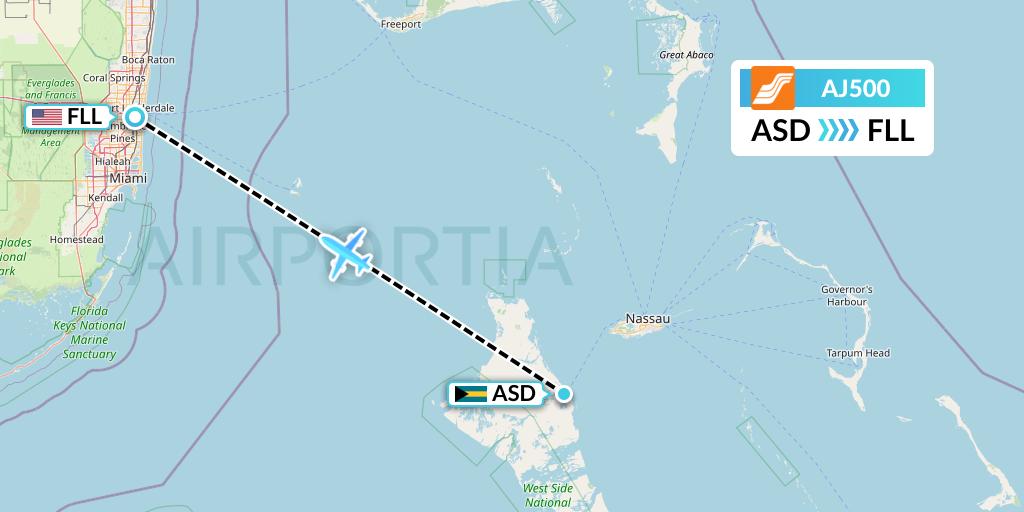 AJ500 Aztec Airways Flight Map: Bahamas to Fort Lauderdale