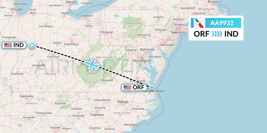 AA9932 American Airlines Flight Map: Norfolk to Indianapolis