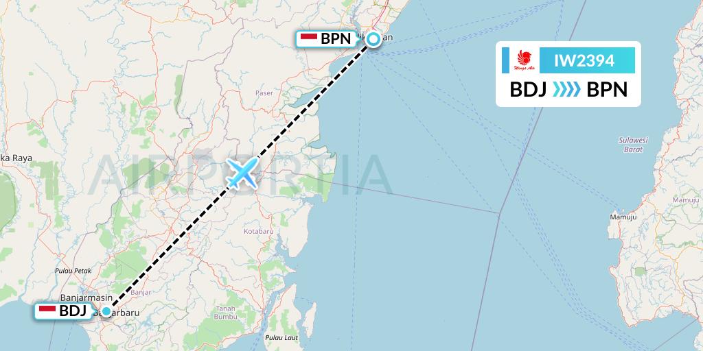 IW2394 Wings Air Flight Map: Banjarmasin to Balikpapan
