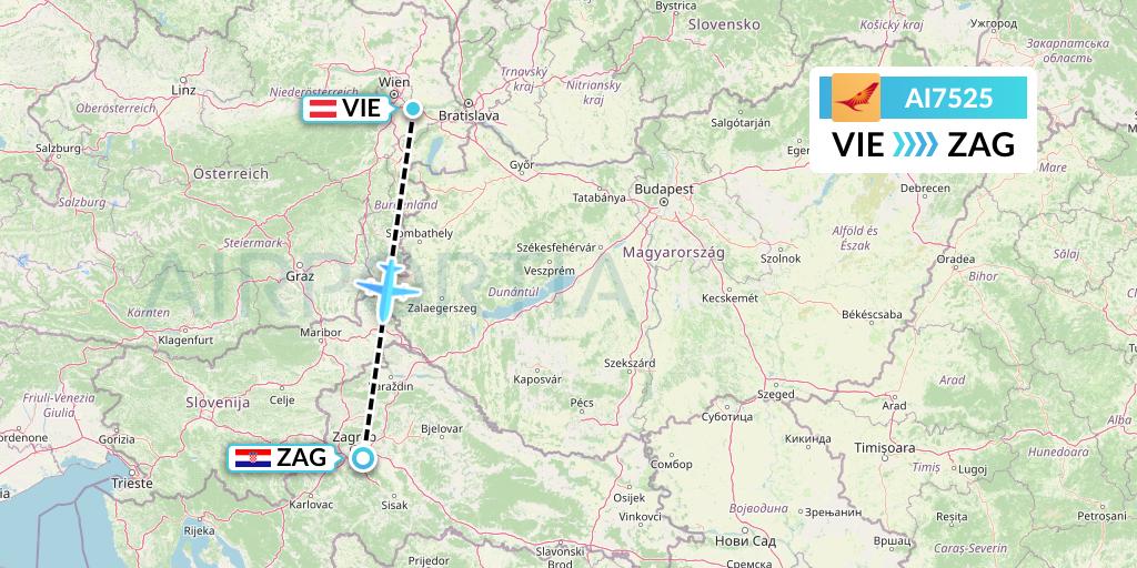 AI7525 Air India Flight Map: Vienna to Zagreb