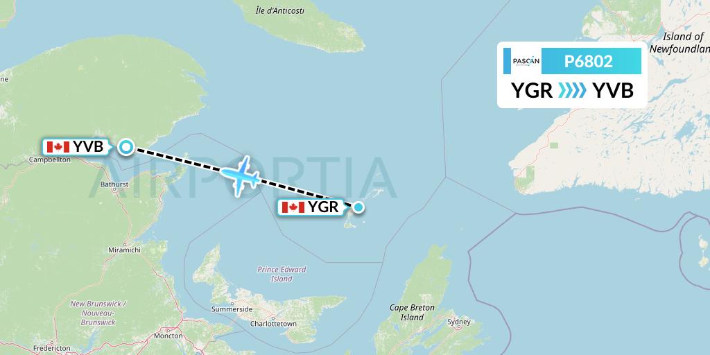 P6802 Pascan Aviation Flight Map: Iles-de-la-Madeleine to Bonaventure