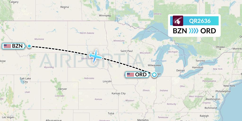 QR2636 Qatar Airways Flight Map: Bozeman to Chicago