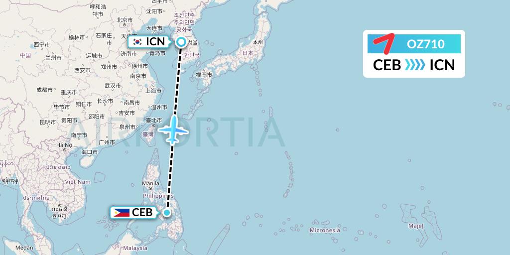 OZ710 Asiana Airlines Flight Map: Cebu to Seoul