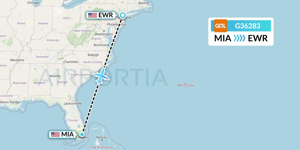 G36283 GOL Transportes Aeros Flight Map: Miami to New York