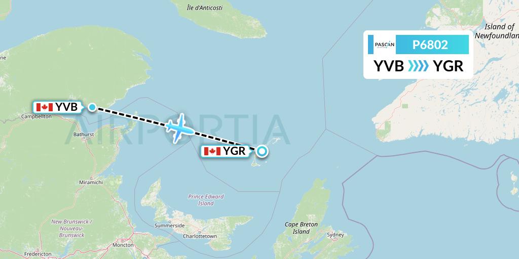 P6802 Pascan Aviation Flight Map: Bonaventure to Iles-de-la-Madeleine
