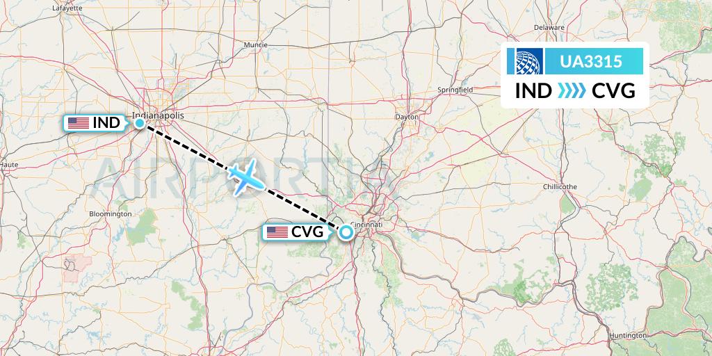 UA3315 United Airlines Flight Map: Indianapolis to Cincinnati