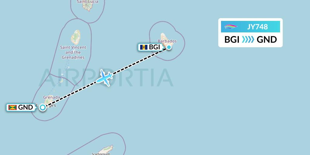 JY748 InterCaribbean Airways Flight Map: Bridgetown to Point Salines