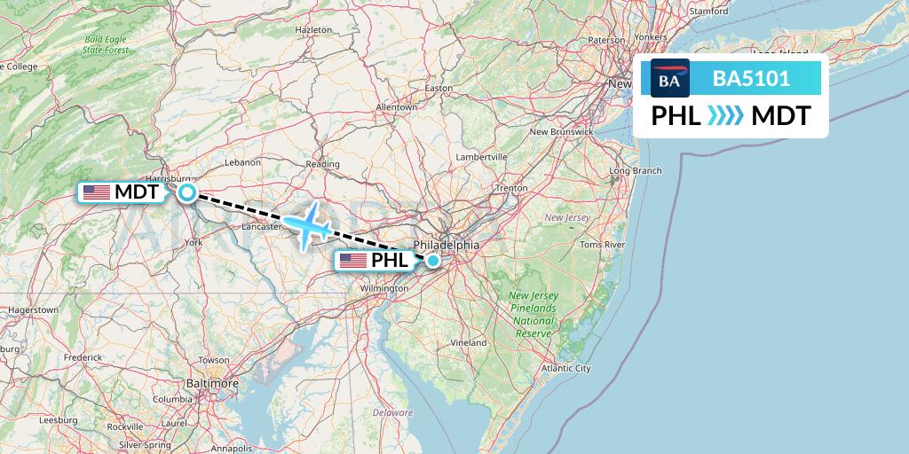 BA5101 British Airways Flight Map: Philadelphia to Harrisburg