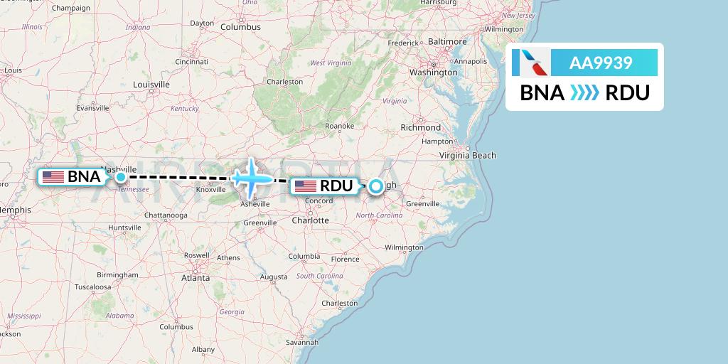 AA9939 American Airlines Flight Map: Nashville to Raleigh-Durham