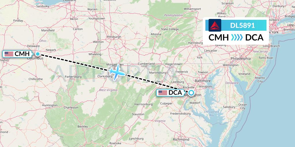 DL5891 Delta Air Lines Flight Map: Columbus to Washington