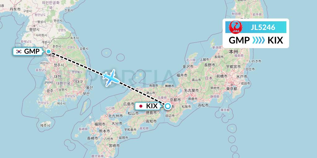 JL5246 Japan Airlines Flight Map: Seoul to Osaka
