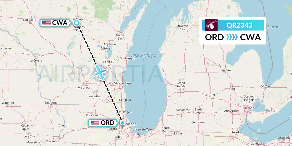 QR2343 Qatar Airways Flight Map: Chicago to Wausau