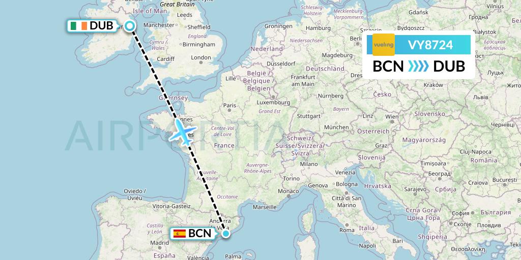 VY8724 Vueling Flight Map: Barcelona to Dublin