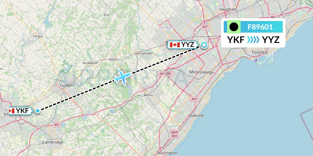 F89601 Flair Airlines Flight Map: Waterloo to Toronto