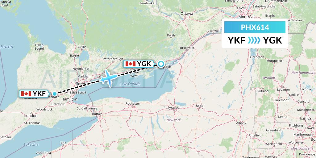 PHX614 SkyCare Flight Map: Waterloo to Kingston