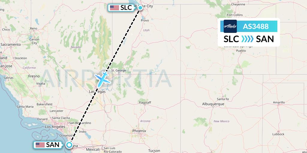 AS3488 Alaska Airlines Flight Map: Salt Lake City to San Diego