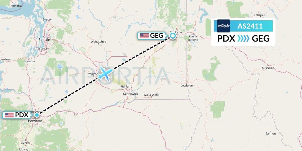 AS2411 Alaska Airlines Flight Map: Portland to Spokane