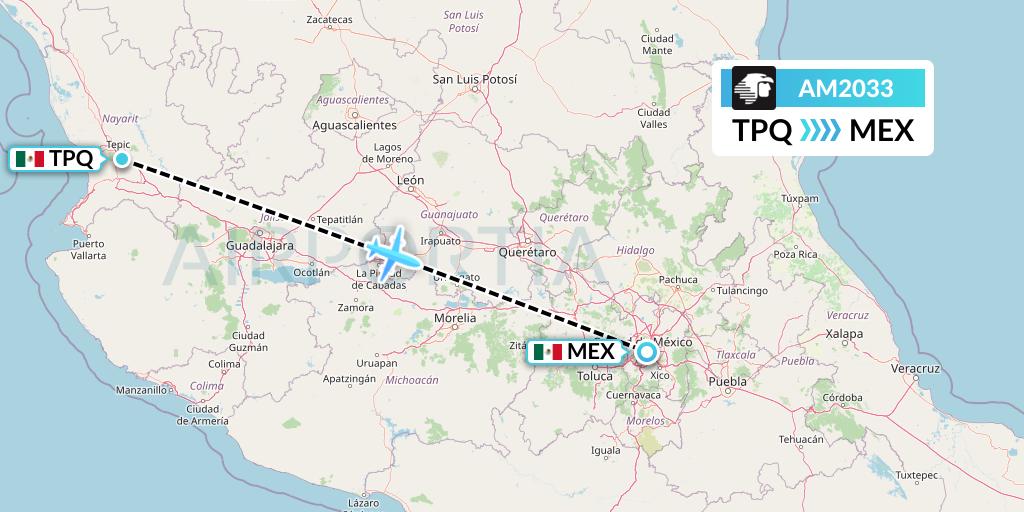 AM2033 Aeromexico Flight Map: Tepic to Mexico City