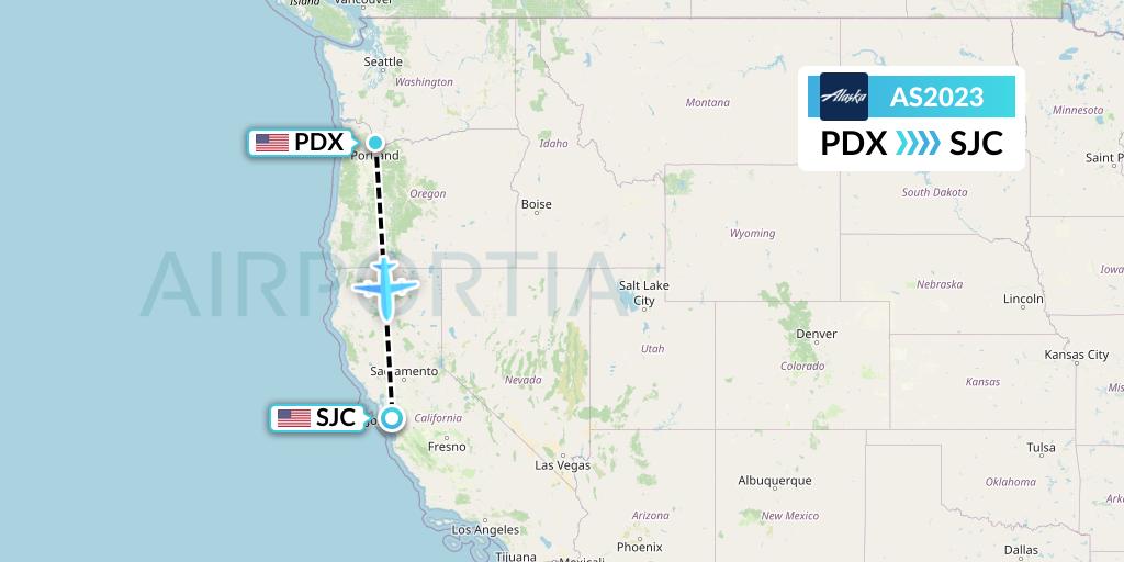 AS2023 Alaska Airlines Flight Map: Portland to San Jose