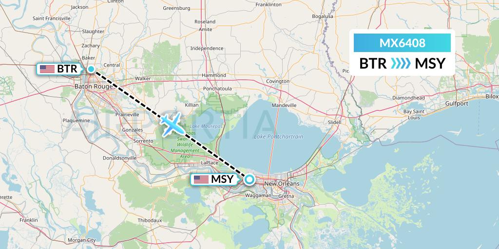 MX6408 Breeze Airways Flight Map: Baton Rouge to New Orleans