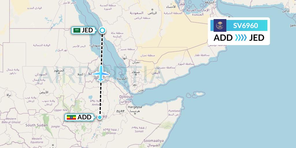 SV6960 Saudi Arabian Airlines Flight Map: Addis Ababa to Jeddah